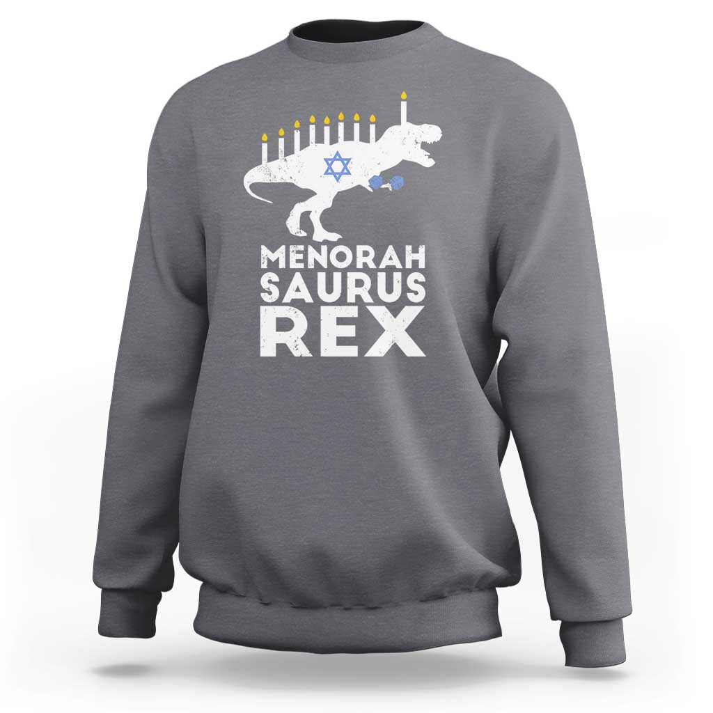 Men's charcoal crewneck sweatshirt with Menorah Saurus Rex graphic