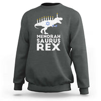 Men's dark heather crewneck sweatshirt with Menorah Saurus Rex graphic