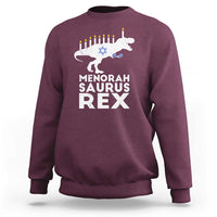 Men's maroon crewneck sweatshirt with Menorah Saurus Rex graphic