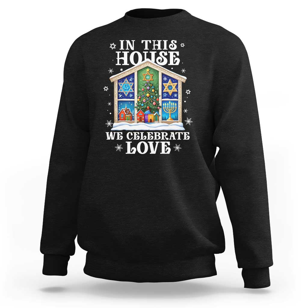 Black Hanukkah Christmas crewneck sweatshirt with holiday graphic and "We Celebrate Love"