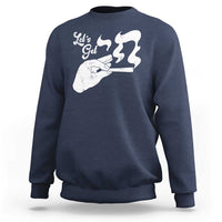 Navy crewneck sweatshirt with white graphic on the front