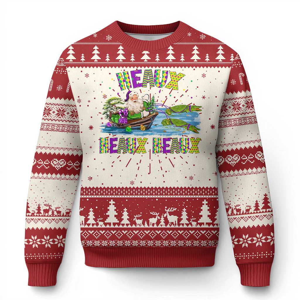 Red and cream Christmas sweater with colorful Santa and alligator graphic