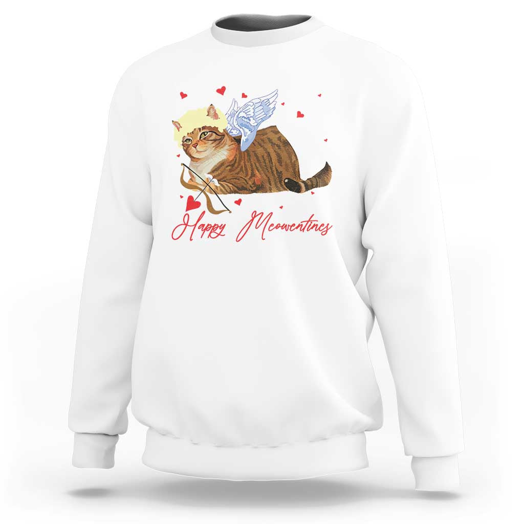 White sweatshirt with cat and cupid angel graphic with red hearts, crewneck design