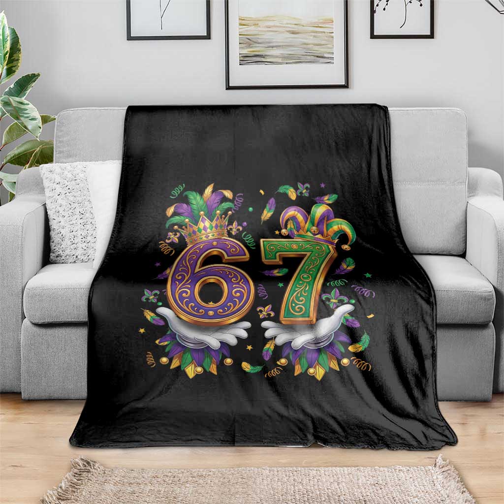 Funny 67 Mardi Gras Throw Blanket Six Seven Meme Carnival Hand Gesture