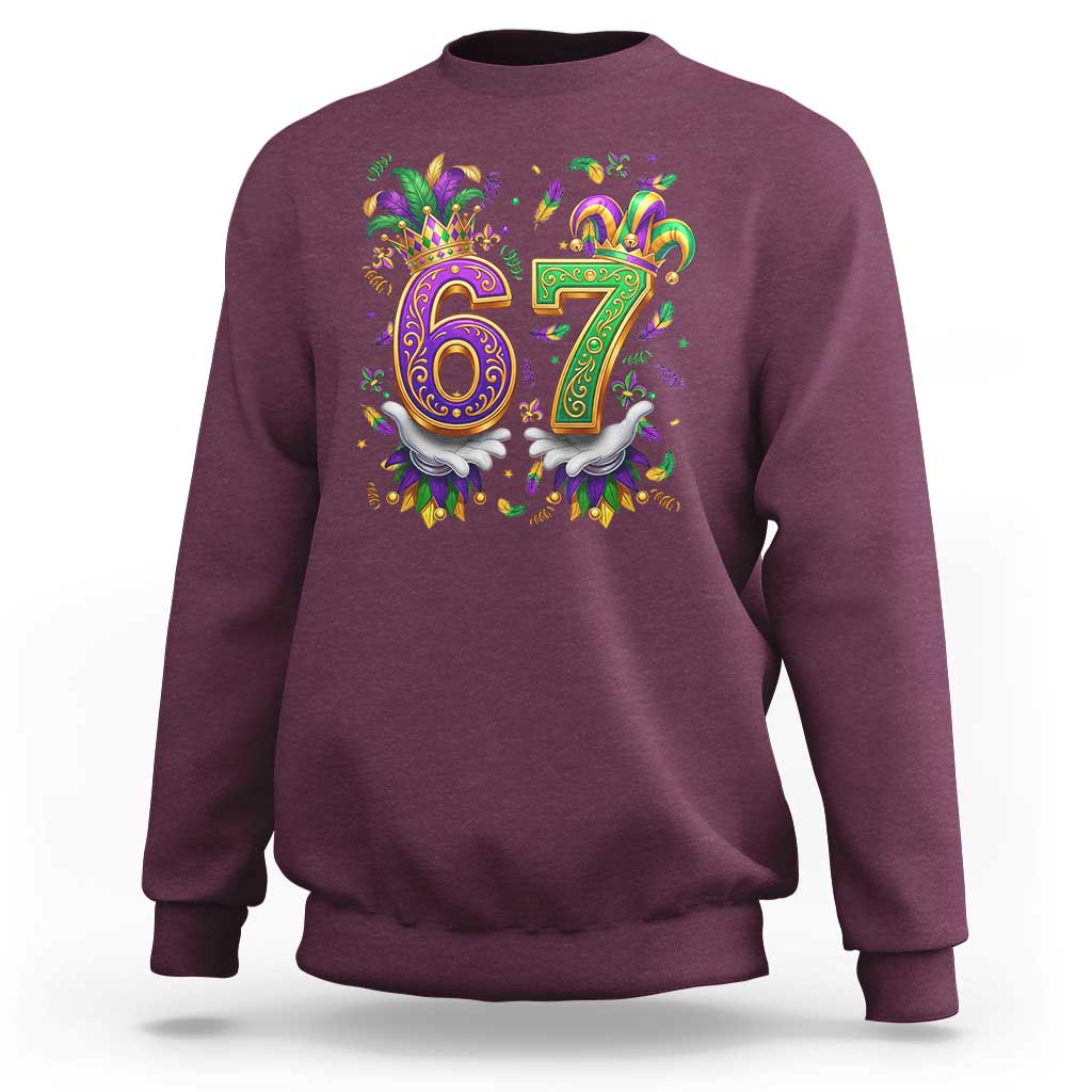 Funny 67 Mardi Gras Sweatshirt Six Seven Meme Carnival Hand Gesture
