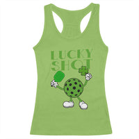 Lucky pickleball graphic racerback tank top in lime green with shamrock pickle character