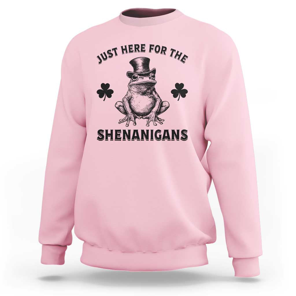 Funny St Patrick's Day Just Here For The Shenanigans Sweatshirt Frog Shamrock