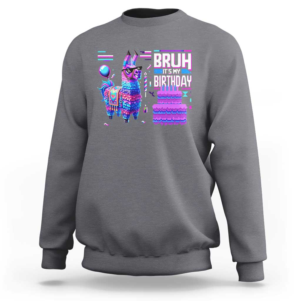 Dark heather gray crewneck sweatshirt with colorful “Bruh It’s My Birthday” llama pinata graphic