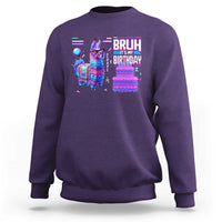 Purple crewneck sweatshirt with colorful “Bruh It’s My Birthday” llama pinata graphic