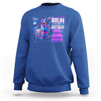 Royal blue crewneck sweatshirt with colorful “Bruh It’s My Birthday” llama pinata graphic