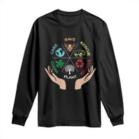 Black long-sleeve T-shirt with colorful hands Earth Day recycle animal plant graphic