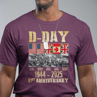 Men's maroon D-Day 81st anniversary graphic t-shirt with flags and 1944-2025 text