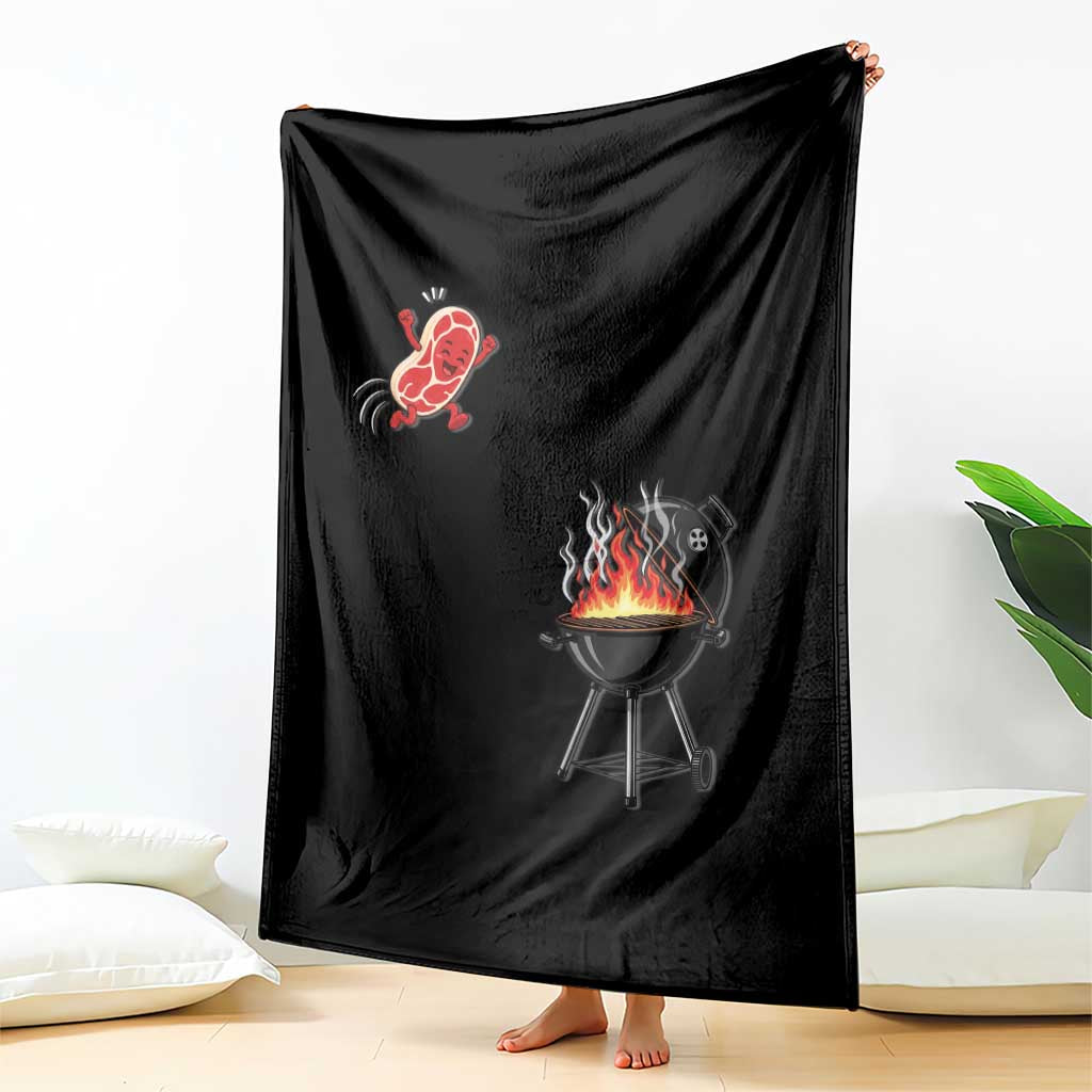 Funny BBQ Steak Meme Cute Meat Jumping Into Grill Throw Blanket