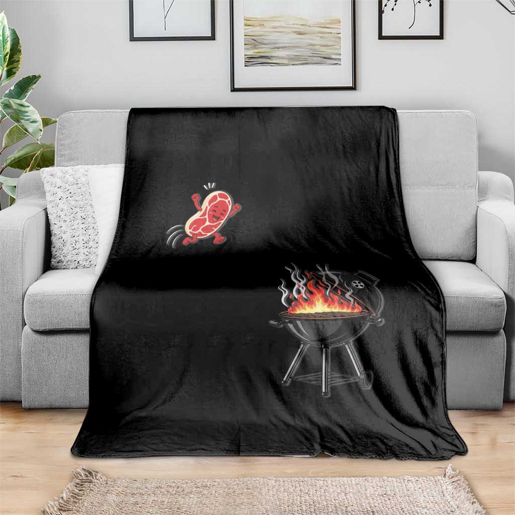 Funny BBQ Steak Meme Cute Meat Jumping Into Grill Throw Blanket
