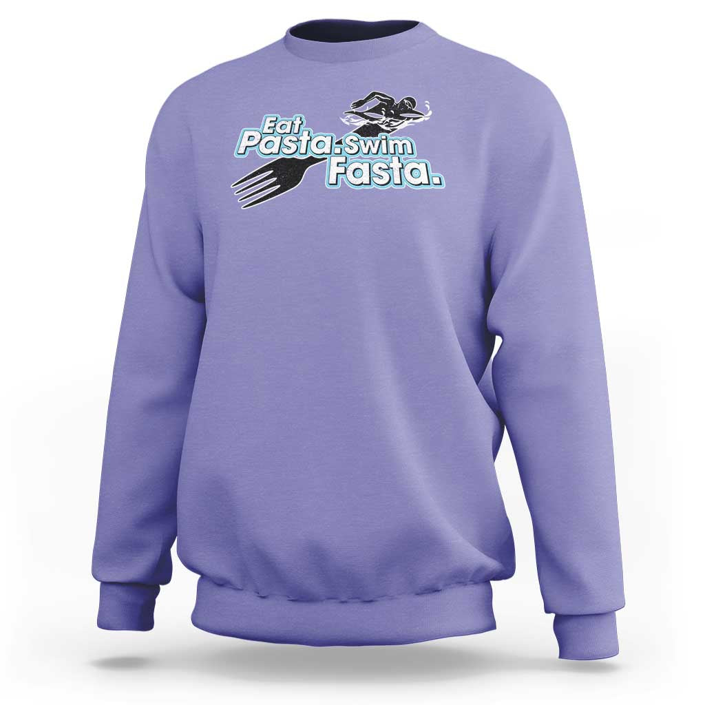 Violet sweatshirt with Eat Pasta-Swim Fasta graphic, long sleeves, crew neck.