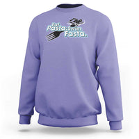 Violet sweatshirt with Eat Pasta-Swim Fasta graphic, long sleeves, crew neck.