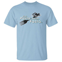 Light blue swimmer graphic T-shirt with “Eat Pasta, Swim Fasta” text and fork-swimmer logo