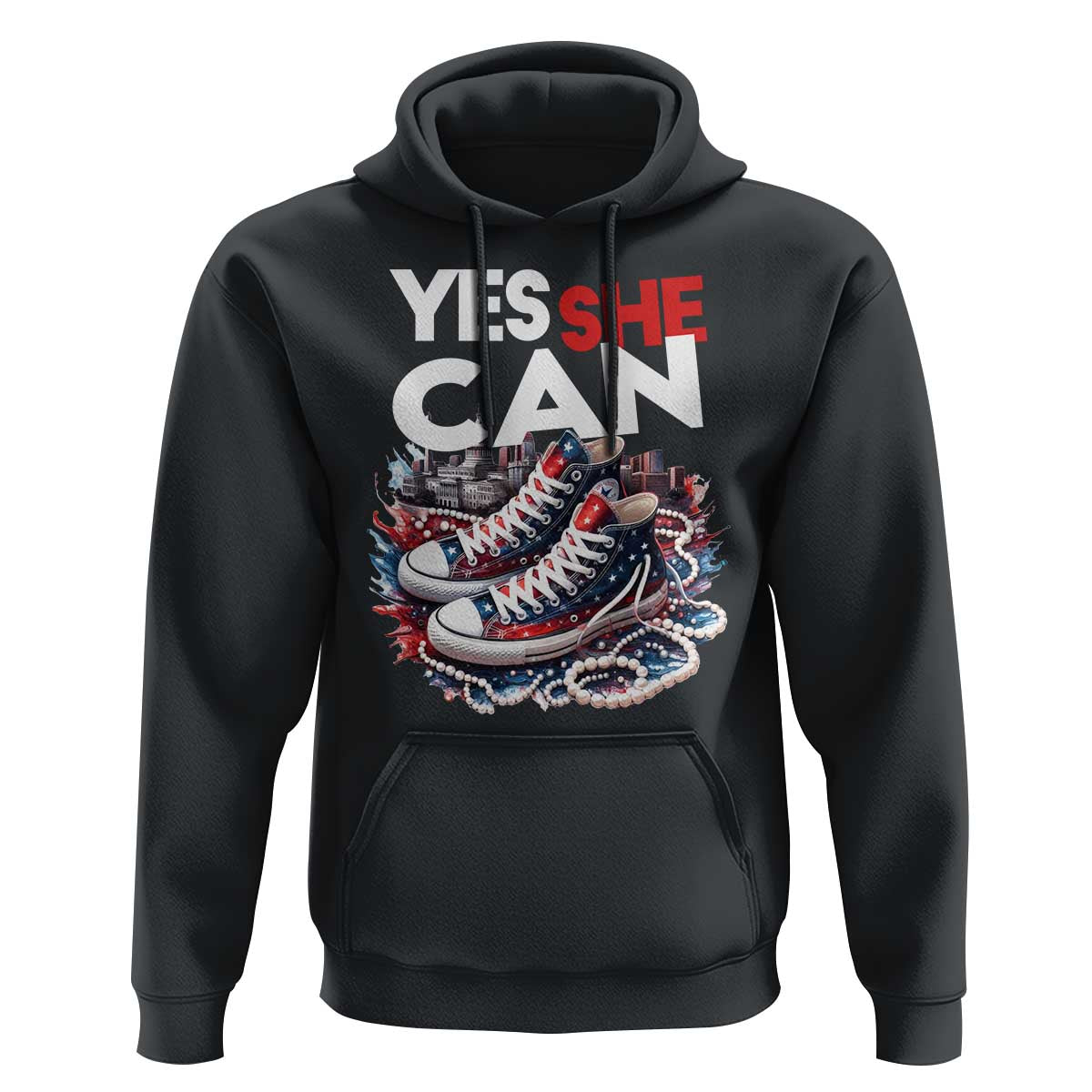 Black hoodie with "Yes She Can" text and patriotic sneaker graphic on front