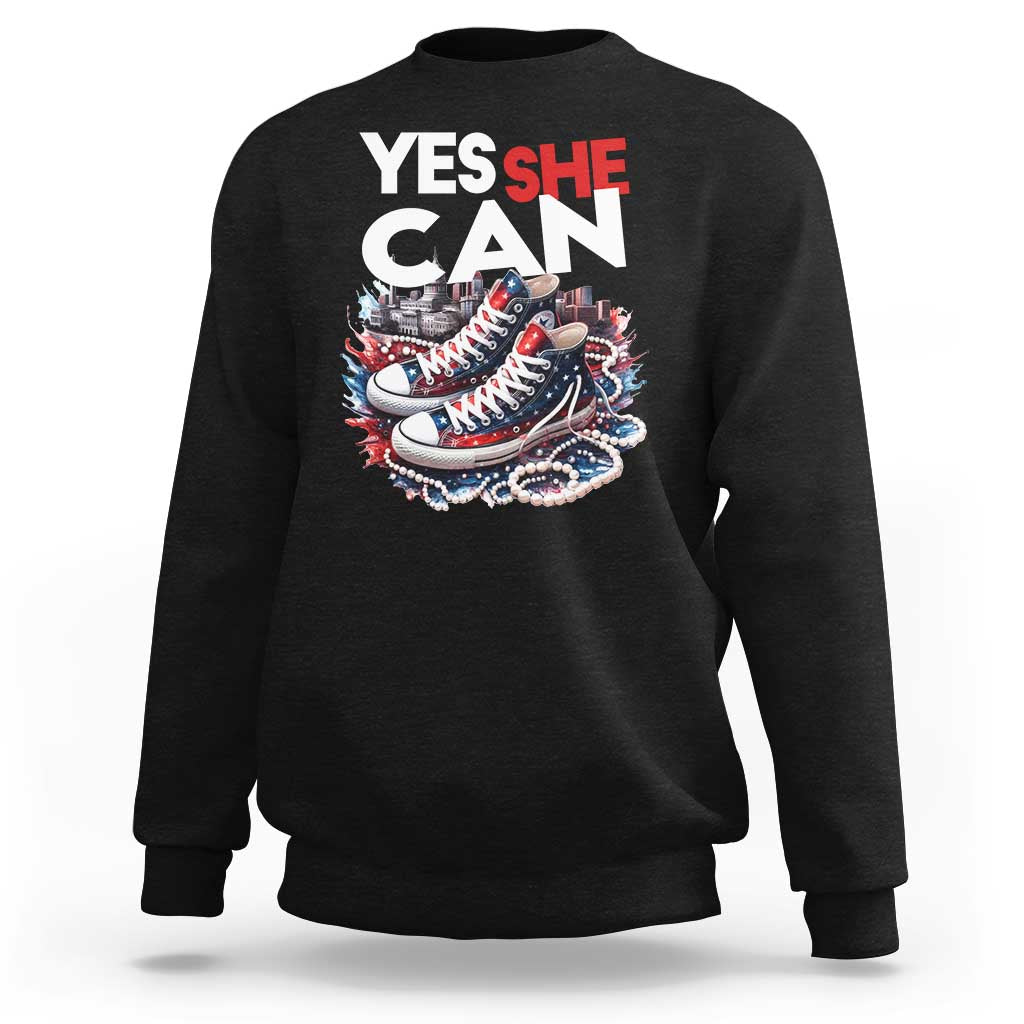 Women's black crewneck sweatshirt with 'YES SHE CAN' and patriotic roller skate graphic