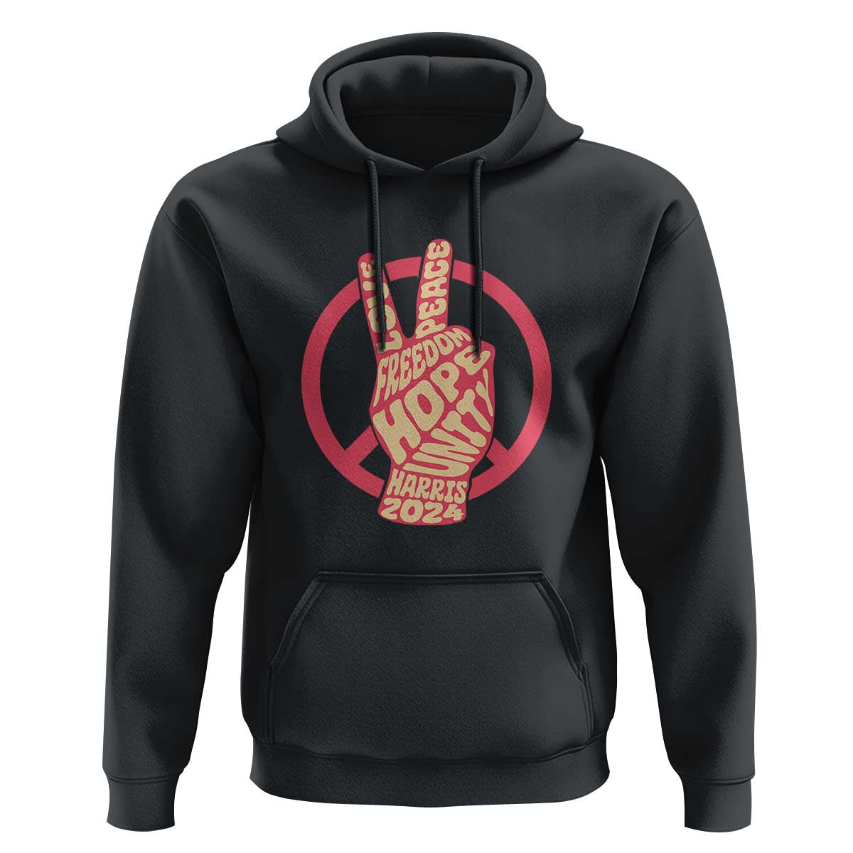 Harris 2024 pullover hoodie in dark heather gray, front peace graphic, drawstring hood