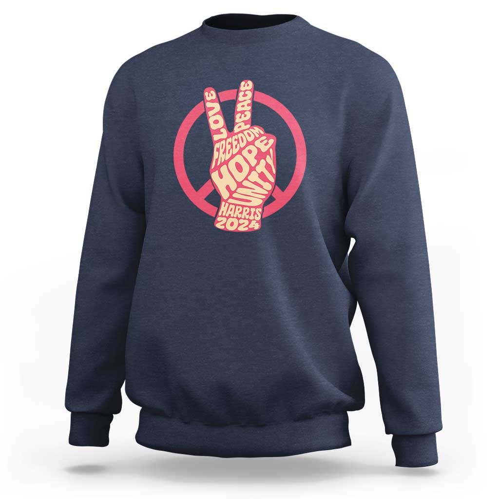 Royal blue crewneck sweatshirt with red peace-sign graphic and Harris 2024 text.