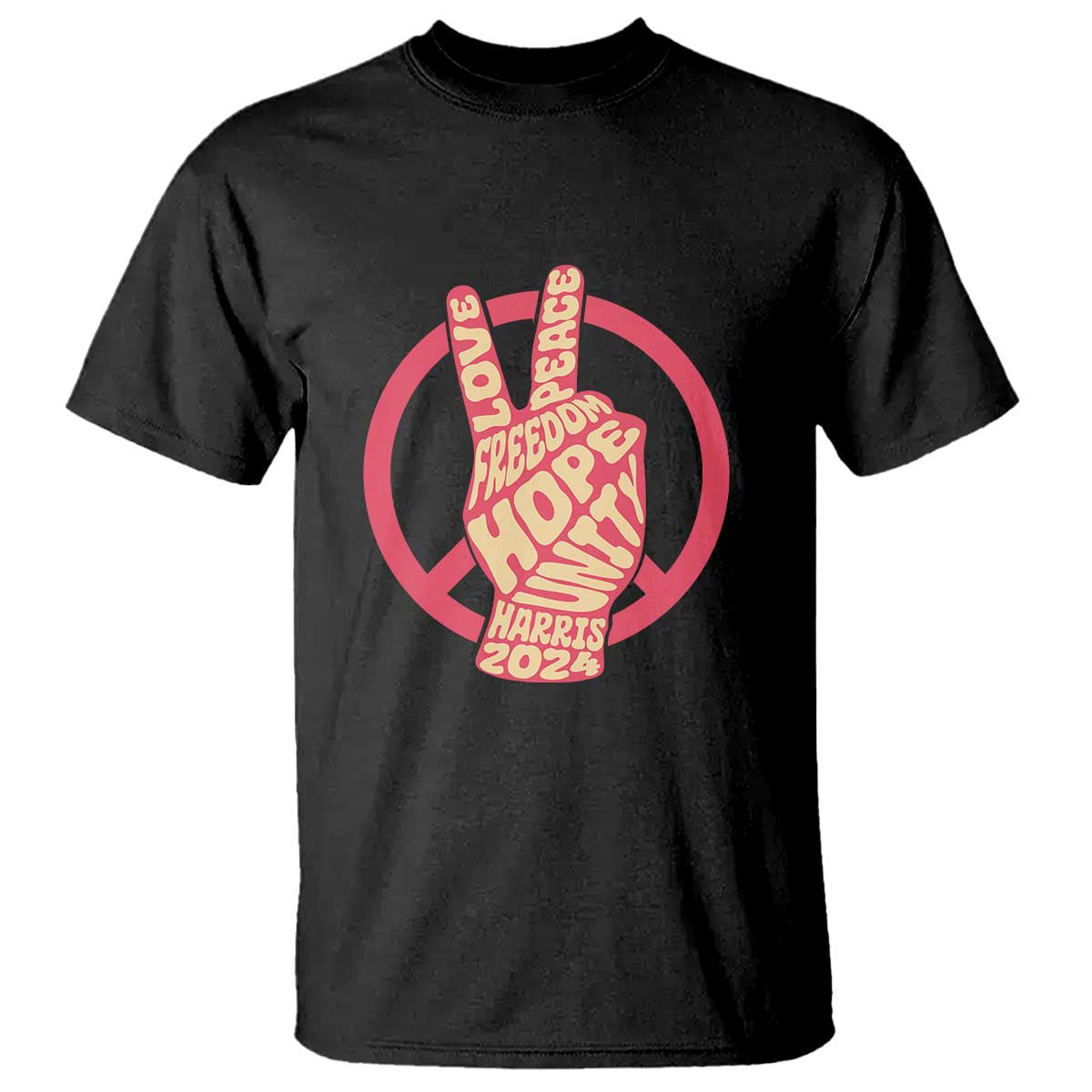 Black short-sleeve T-shirt with red peace-sign circle graphic and 'Harris 2024' text