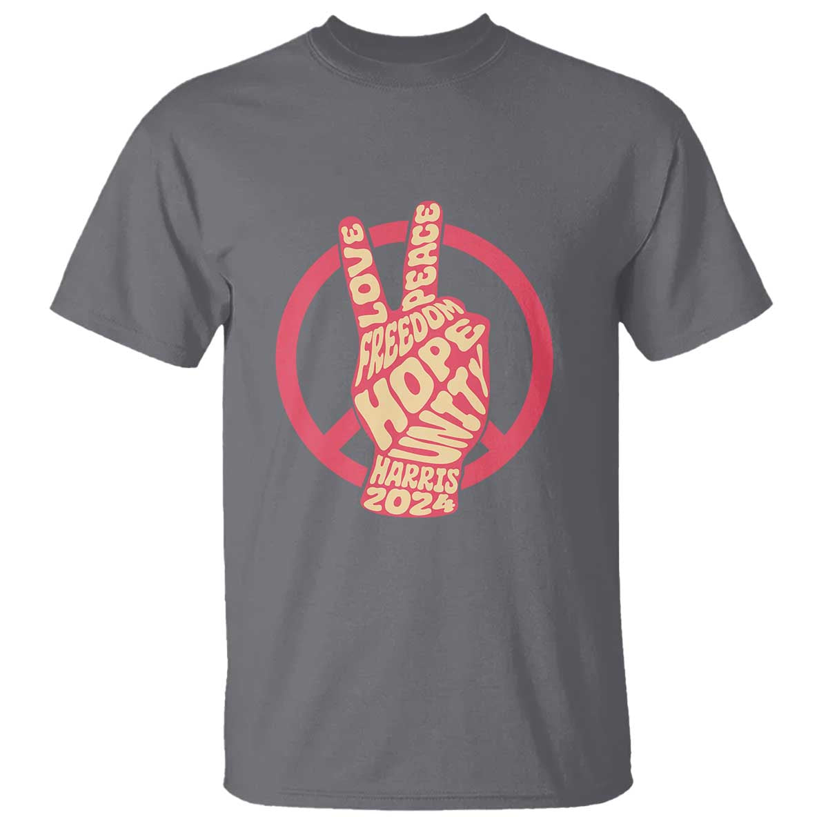 Dark heather short-sleeve T-shirt with red peace-sign circle graphic and 'Harris 2024' text