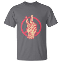 Dark heather short-sleeve T-shirt with red peace-sign circle graphic and 'Harris 2024' text