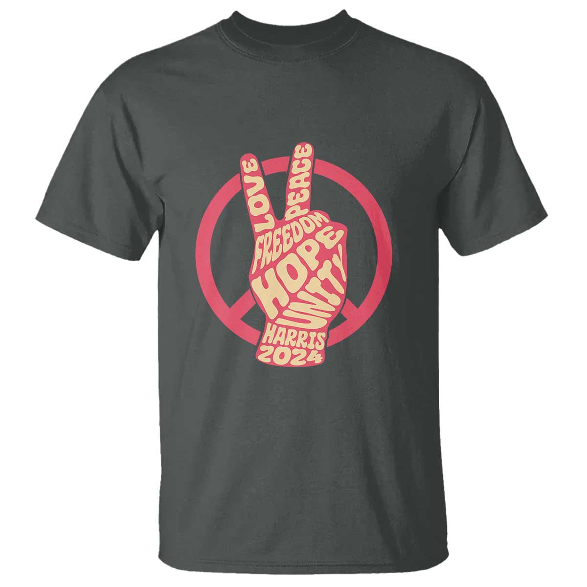 Charcoal short-sleeve T-shirt with red peace-sign circle graphic and 'Harris 2024' text