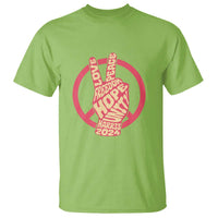 Lime short-sleeve T-shirt with red peace-sign circle graphic and 'Harris 2024' text