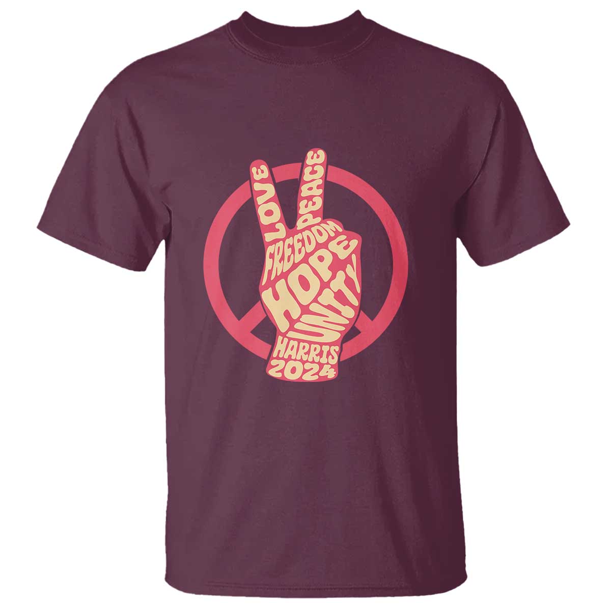 Maroon short-sleeve T-shirt with red peace-sign circle graphic and 'Harris 2024' text