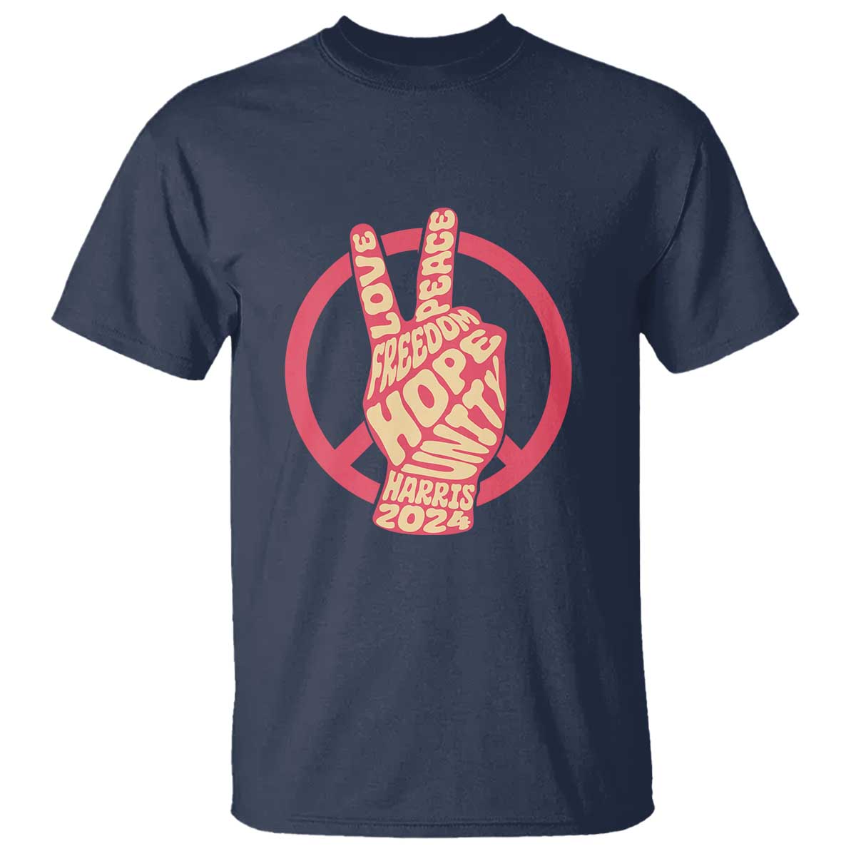 Navy short-sleeve T-shirt with red peace-sign circle graphic and 'Harris 2024' text