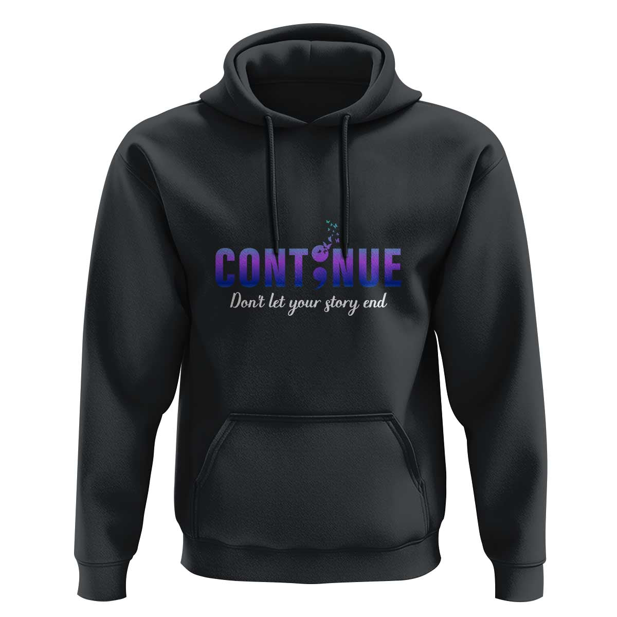 Black pullover hoodie with CONTINUE suicide prevention graphic and front pocket