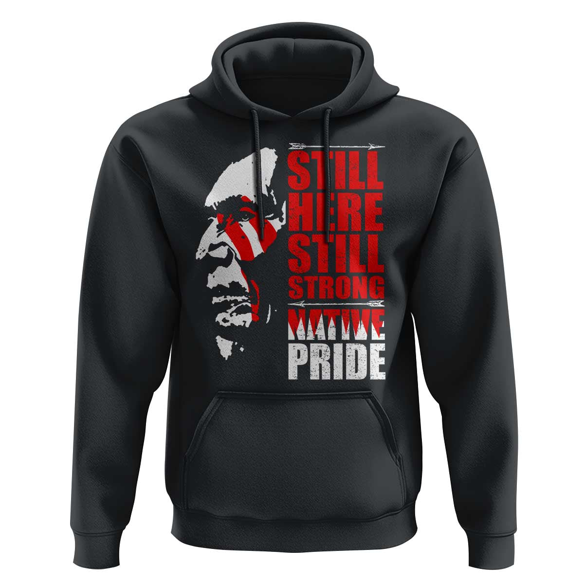 Black pullover hoodie with front Native graphic and red/white “STILL” text