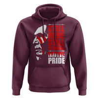 Maroon pullover hoodie with front Native graphic and red/white “STILL” text