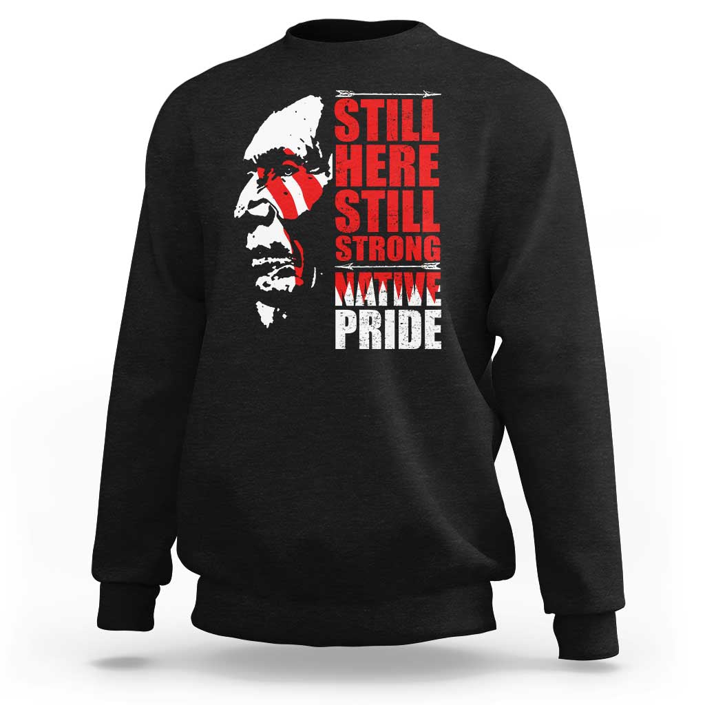 Black crewneck sweatshirt with Native-inspired profile graphic and red stacked text front