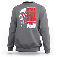 Heather gray crewneck sweatshirt with Native-inspired profile graphic and red stacked text front