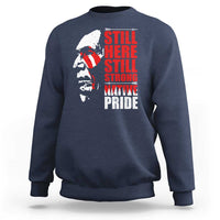 Navy crewneck sweatshirt with Native-inspired profile graphic and red stacked text front