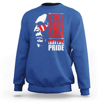 Royal blue crewneck sweatshirt with Native-inspired profile graphic and red stacked text front
