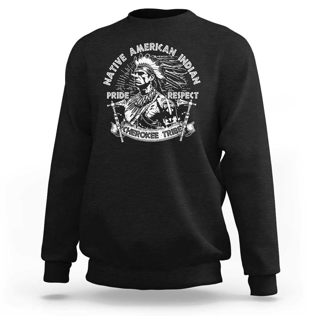 Black crewneck sweatshirt with Native American graphic: Pride, Respect, Cherokee Tribe