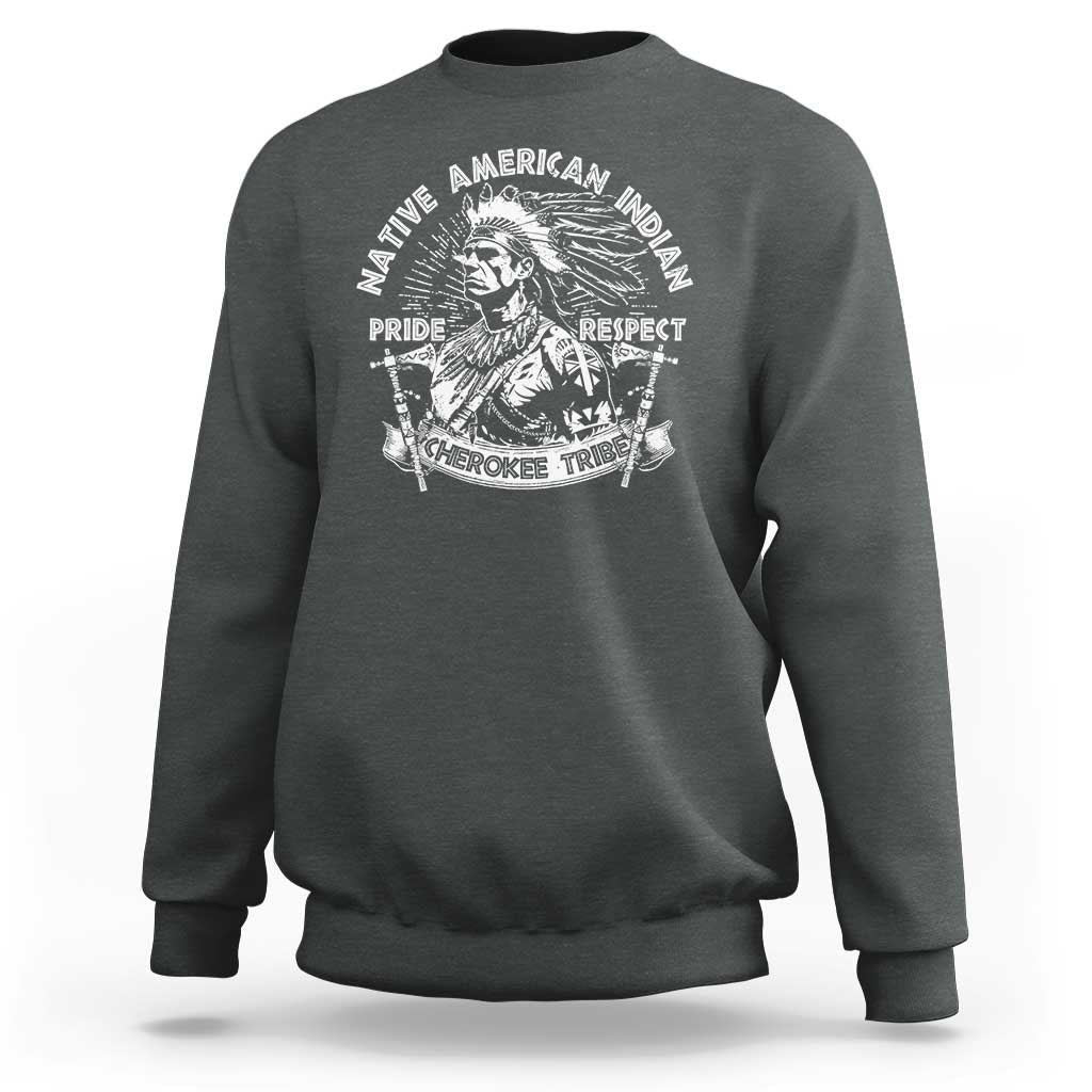 Charcoal dark gray crewneck sweatshirt with Native American graphic: Pride, Respect, Cherokee Tribe