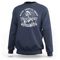 Navy crewneck sweatshirt with Native American graphic: Pride, Respect, Cherokee Tribe