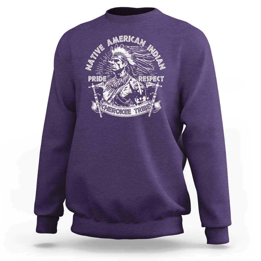 Purple crewneck sweatshirt with Native American graphic: Pride, Respect, Cherokee Tribe