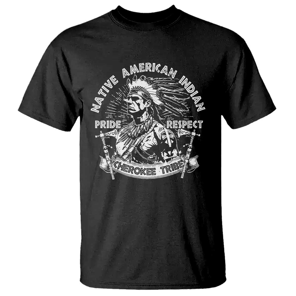 Black crewneck T-shirt with Native American chief graphic and Pride Respect text