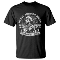 Black crewneck T-shirt with Native American chief graphic and Pride Respect text
