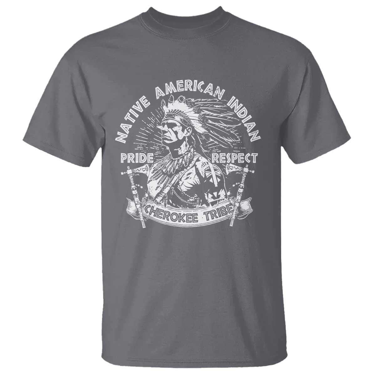 Charcoal crewneck T-shirt with Native American chief graphic and Pride Respect text