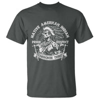 Dark heather crewneck T-shirt with Native American chief graphic and Pride Respect text