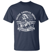 Navy crewneck T-shirt with Native American chief graphic and Pride Respect text