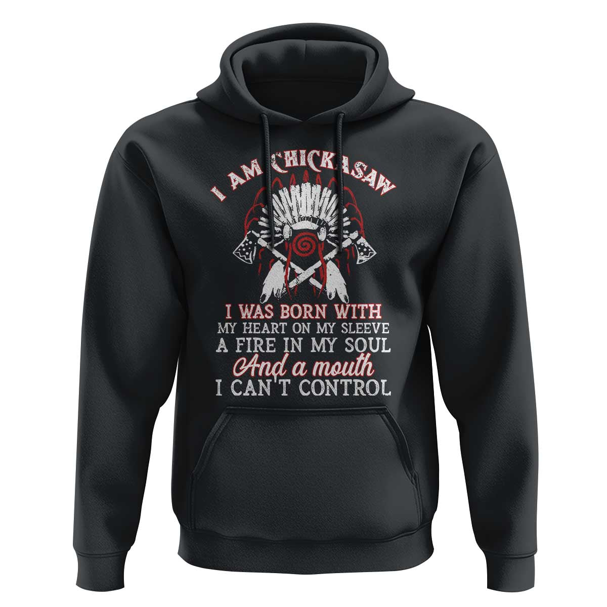 Dark gray pullover hoodie with front headdress graphic and script quote, hood with drawstrings