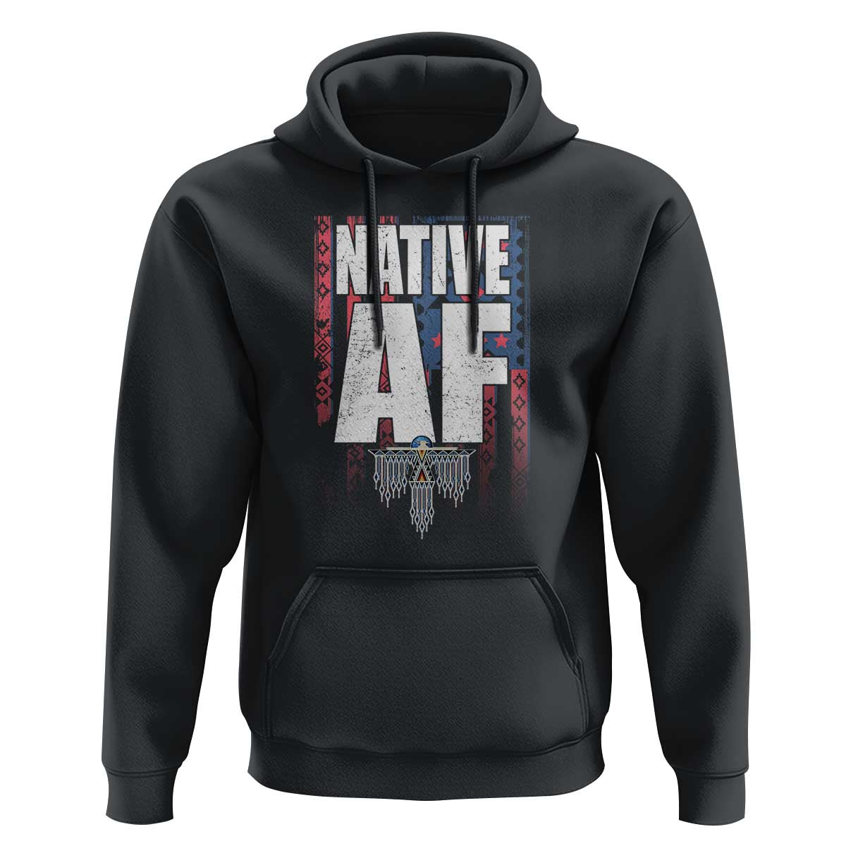 Black pullover hoodie with front Native-style graphic print and kangaroo pocket